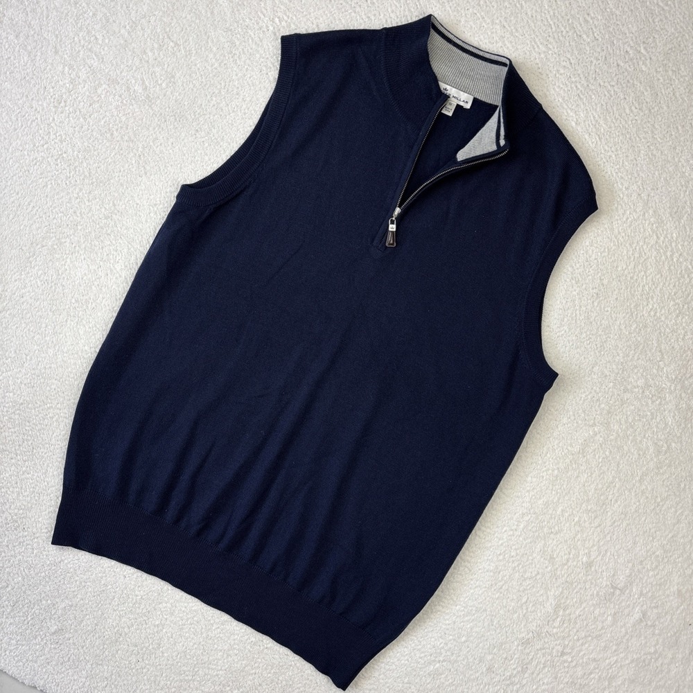 PETER MILLAR Crown Soft 1/4 Zip Vest Mens Medium Navy Blue Wool/Silk Sweater EUC